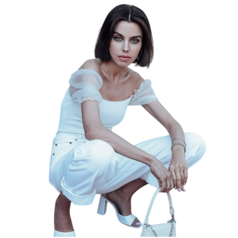 Astr the Label Ivory Sheer Puff Sleeve Bodysuit S Ethereal Chic Coquette NWT